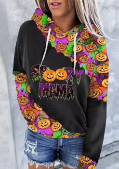 Halloween Spooky Mama Pumpkin Face Kangaroo Pocket Hoodie - Black