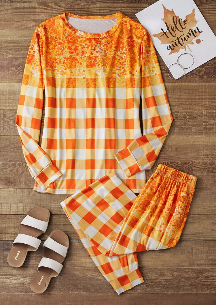 Plaid Glitter Blouse And Pants Pajamas Set - Orange 4 Plaid Glitter Blouse And Pants Pajamas Set - Orange - Image 2