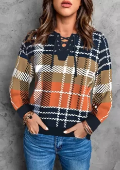 Classic British Plaid Color-Blocked Lace Up Sweatshirt