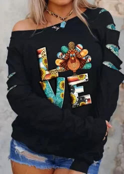 Thanksgiving Love Turkey Fake Two-Piece Sweatshirt - Black