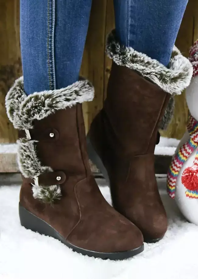 Winter Warm Flannel Wedge Snow Boots - Brown 5 Winter Warm Flannel Wedge Snow Boots - Brown - Image 3