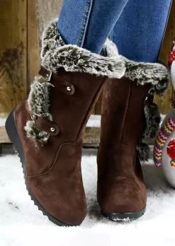 Winter Warm Flannel Wedge Snow Boots - Brown