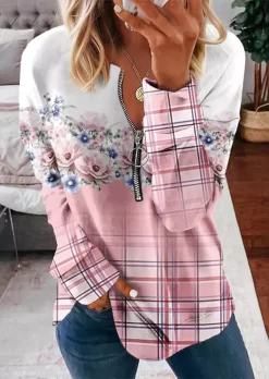 Floral Plaid Zipper Collar Sweatshirt