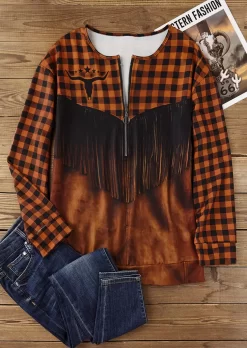 Plaid Fake Tassel Zipper Collar Sweatshirt -Garment Sale Store SCM021024 1 A1377907305293 124