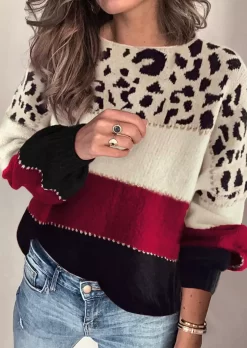 Leopard Color-Blocked Knitted Sweater - Red
