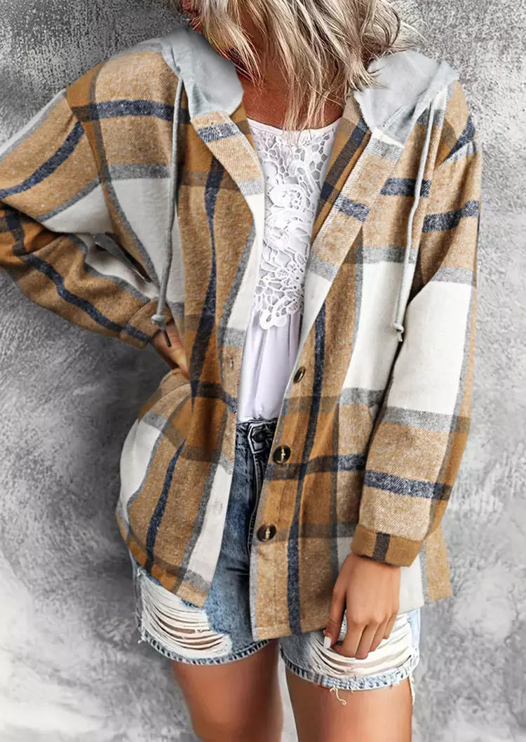 Plaid Button Drawstring Hooded Cardigan - Khaki 3 Plaid Button Drawstring Hooded Cardigan - Khaki