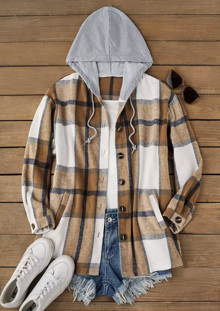 Plaid Button Drawstring Hooded Cardigan - Khaki 4 Plaid Button Drawstring Hooded Cardigan - Khaki - Image 2
