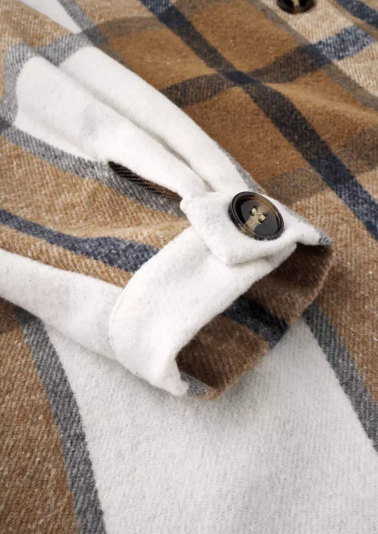 Plaid Button Drawstring Hooded Cardigan - Khaki 6 Plaid Button Drawstring Hooded Cardigan - Khaki - Image 4