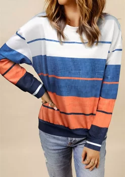 Color-Blocked Striped O-Neck Sweatshirt