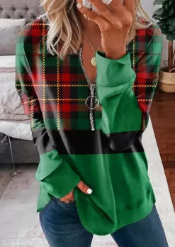 Color-Blocked Plaid Half Zipper Sweatshirt