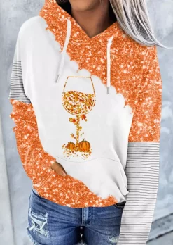 Autumn Essentials Thanksgiving Wine Glass Pumpkin Striped Glitter Kangaroo Pocket Hoodie