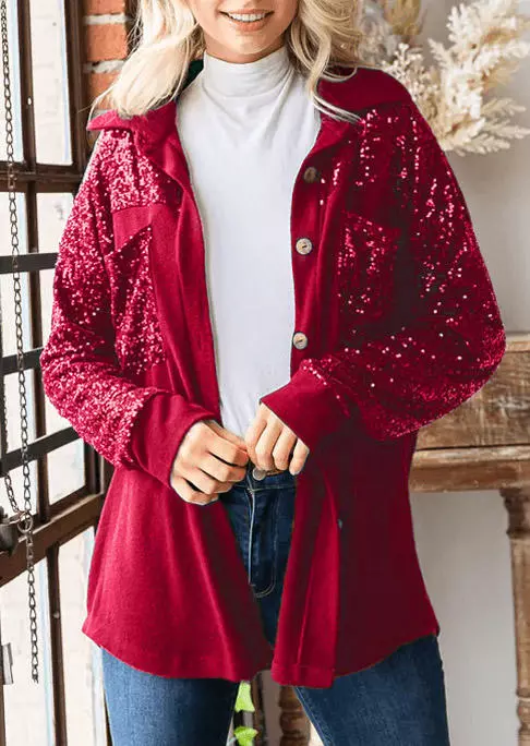 Sequined Pocket Turn-Down Collar Coat - Red 5 Sequined Pocket Turn-Down Collar Coat - Red - Image 3