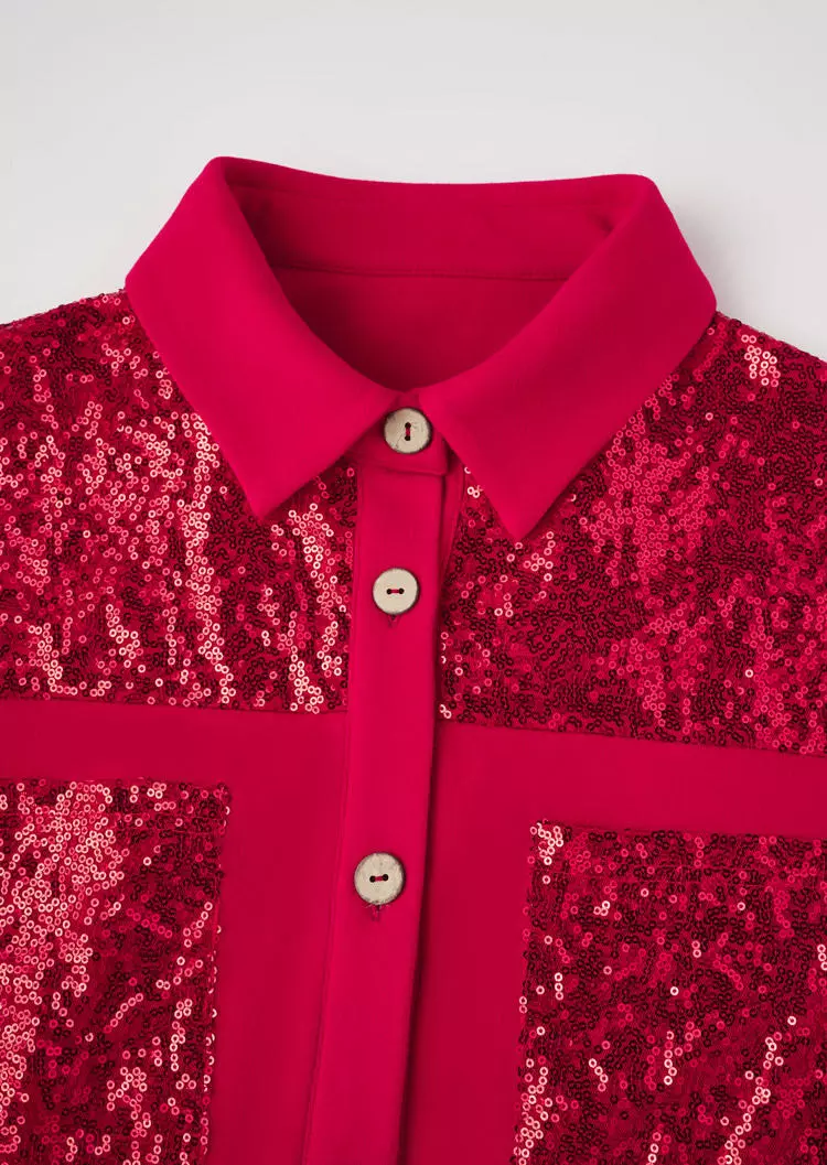 Sequined Pocket Turn-Down Collar Coat - Red 7 Sequined Pocket Turn-Down Collar Coat - Red - Image 5