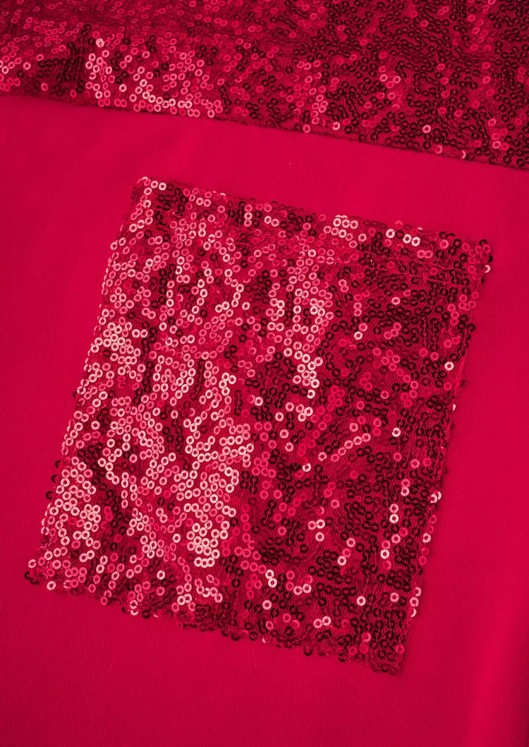 Sequined Pocket Turn-Down Collar Coat - Red 8 Sequined Pocket Turn-Down Collar Coat - Red - Image 6