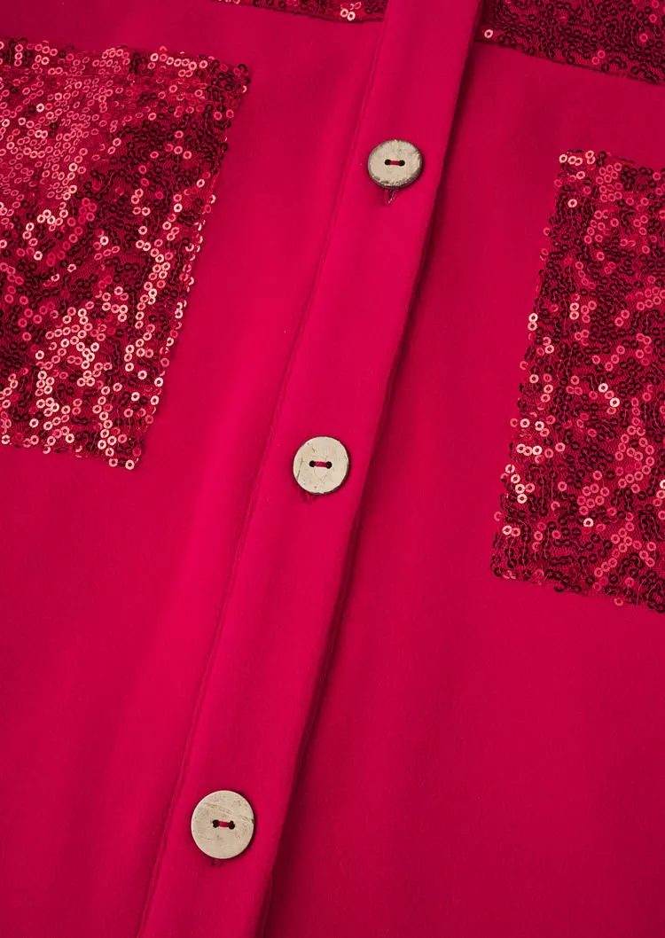 Sequined Pocket Turn-Down Collar Coat - Red 10 Sequined Pocket Turn-Down Collar Coat - Red - Image 8