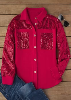Sequined Pocket Turn-Down Collar Coat - Red 14 Sequined Pocket Turn-Down Collar Coat - Red -Garment Sale Store SCM021224 1 A1380848242349 124