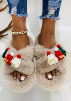 Christmas Hats Fuzzy Criss-Cross Slip On Slippers - Khaki