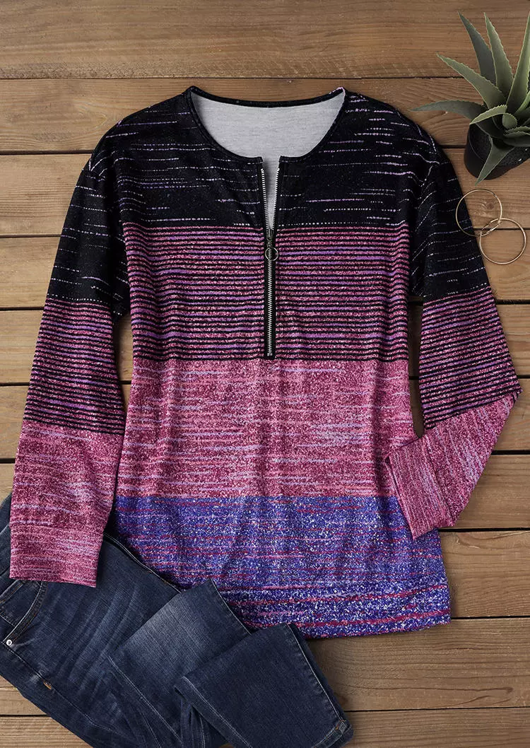 Striped Color-Blocked Zipper Collar Sweatshirt 4 Striped Color-Blocked Zipper Collar Sweatshirt - Image 2