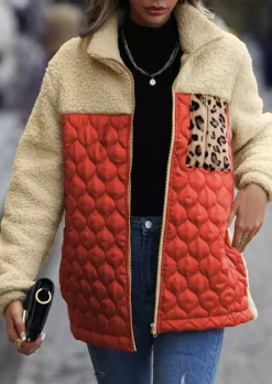 Color-Blocked Leopard Pocket Fluffy Faux Fur Coat - Brick Red -Garment Sale Store SCM021292 3 A2462700830176 124