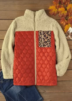 Color-Blocked Leopard Pocket Fluffy Faux Fur Coat - Brick Red -Garment Sale Store SCM021292 3 A2462700863618 124