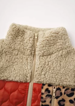 Color-Blocked Leopard Pocket Fluffy Faux Fur Coat - Brick Red -Garment Sale Store SCM021292 3 A2462700932029 124