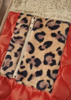 Color-Blocked Leopard Pocket Fluffy Faux Fur Coat - Brick Red -Garment Sale Store SCM021292 3 A2462701000120 124