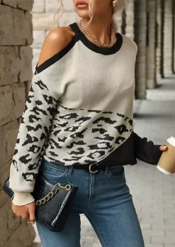 Leopard Color-Blocked One Sided Cold Shoulder Sweater 10 Leopard Color-Blocked One Sided Cold Shoulder Sweater -Garment Sale Store SCM021307 2 A1814087226148 124