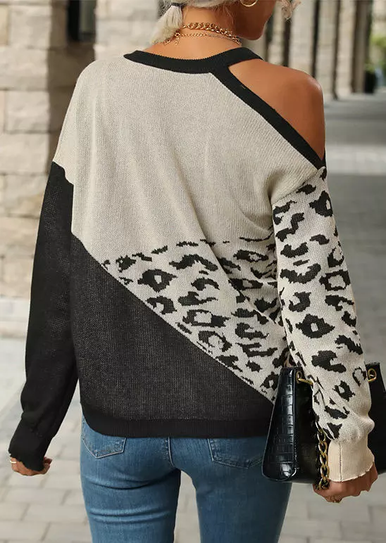 Leopard Color-Blocked One Sided Cold Shoulder Sweater 5 Leopard Color-Blocked One Sided Cold Shoulder Sweater - Image 3