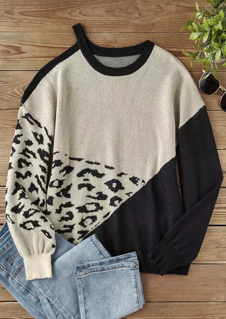 Leopard Color-Blocked One Sided Cold Shoulder Sweater 6 Leopard Color-Blocked One Sided Cold Shoulder Sweater - Image 4