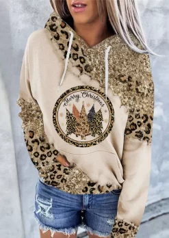 Merry Christmas Leopard Glitter Kangaroo Pocket Hoodie