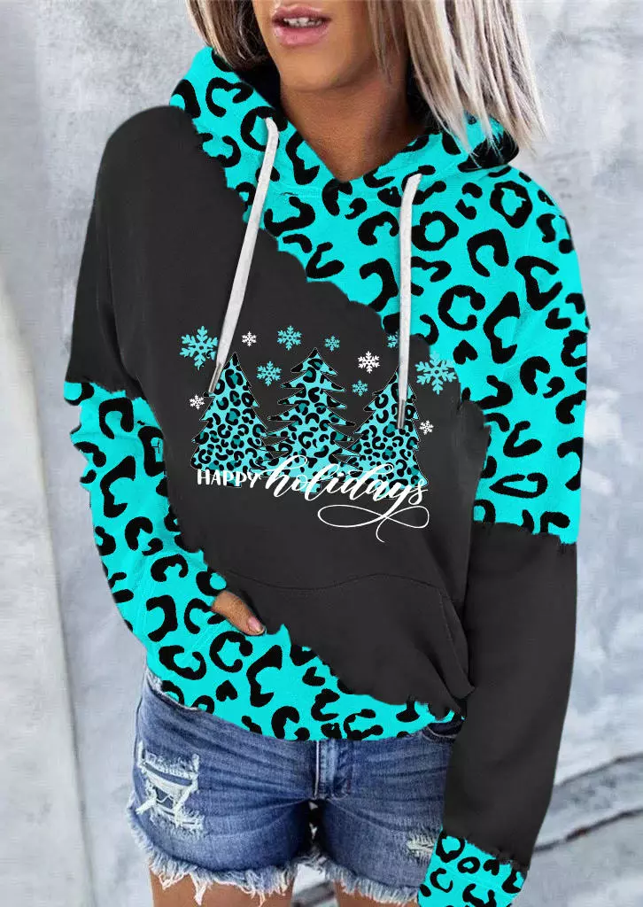 Christmas Happy Holidays Leopard Kangaroo Pocket Hoodie - Black 3 Christmas Happy Holidays Leopard Kangaroo Pocket Hoodie - Black