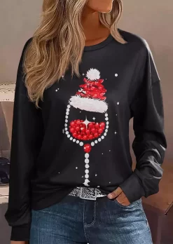 Christmas Wine Glass Glitter Sweatshirt - Black