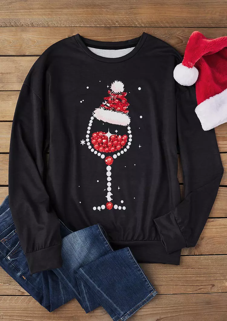 Christmas Wine Glass Glitter Sweatshirt - Black 5 Christmas Wine Glass Glitter Sweatshirt - Black - Image 3