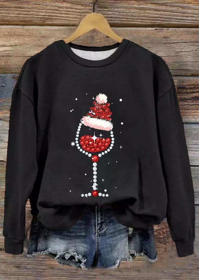 Christmas Wine Glass Glitter Sweatshirt - Black 4 Christmas Wine Glass Glitter Sweatshirt - Black - Image 2