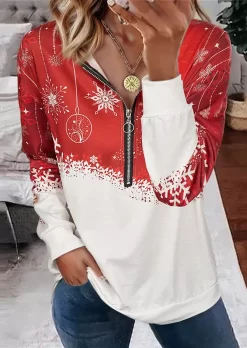 Christmas Snowflake Zipper Collar Sweatshirt