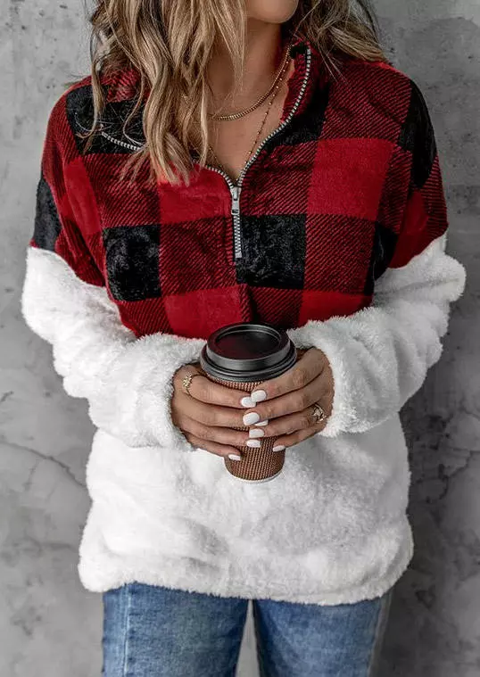 Plaid Flannel Zipper Collar Pullover Sweatshirt 4 Plaid Flannel Zipper Collar Pullover Sweatshirt - Image 2