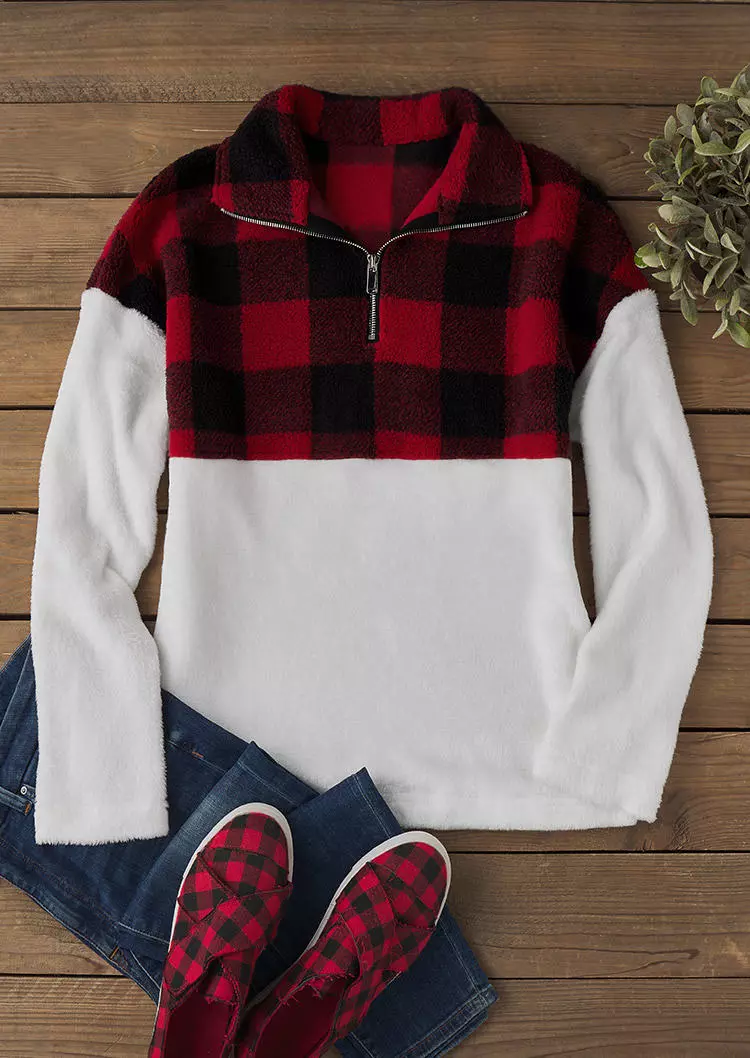 Plaid Flannel Zipper Collar Pullover Sweatshirt 5 Plaid Flannel Zipper Collar Pullover Sweatshirt - Image 3