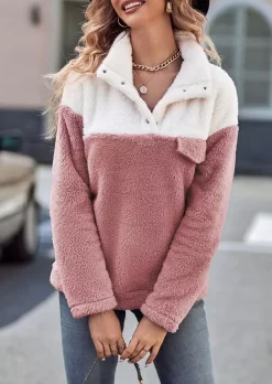 Color-Blocked Pocket Flap Snap Button Plush Coat - Pink -Garment Sale Store SCM021385 1 A2518021735725 124