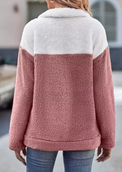 Color-Blocked Pocket Flap Snap Button Plush Coat - Pink -Garment Sale Store SCM021385 1 A2518021776951 124