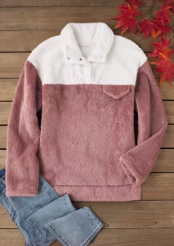 Color-Blocked Pocket Flap Snap Button Plush Coat - Pink -Garment Sale Store SCM021385 1 A2518021816900 124