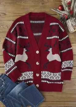 Christmas Reindeer Button Cardigan Sweater - Red -Garment Sale Store SCM021454 1 A2747540235277 124
