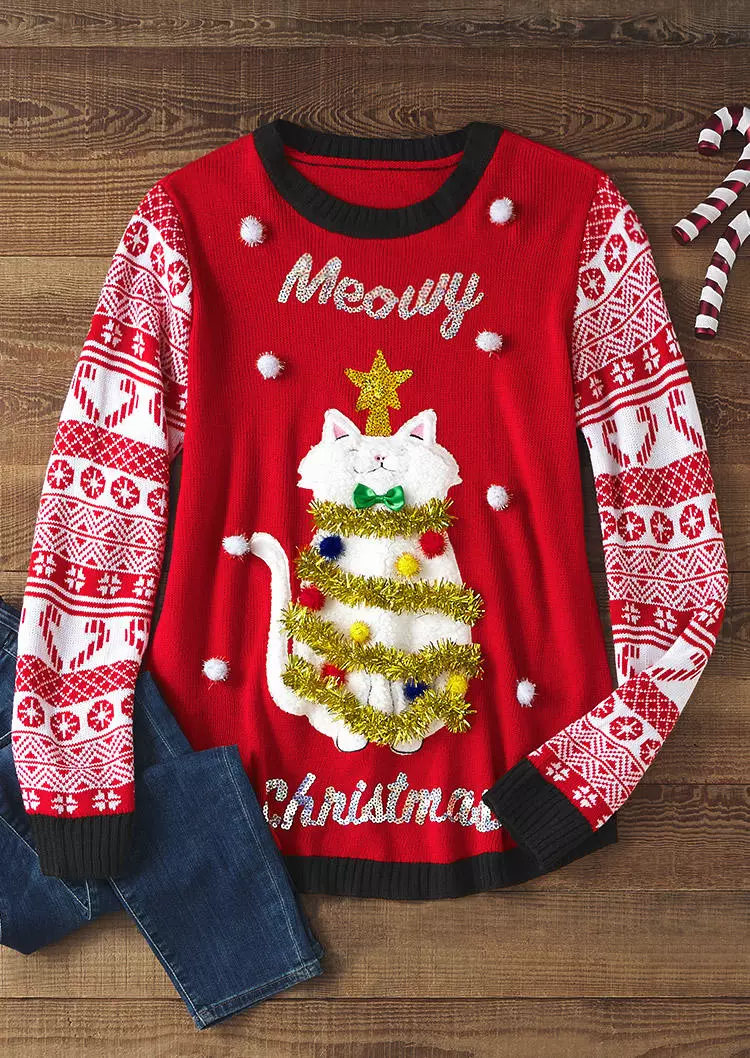 Merry Christmas Snowflake Cat Sweater - Red 6 Merry Christmas Snowflake Cat Sweater - Red - Image 4