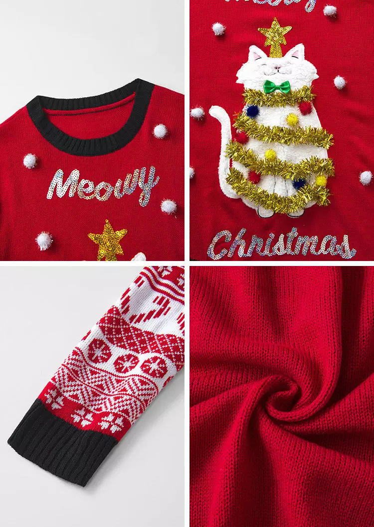 Merry Christmas Snowflake Cat Sweater - Red 7 Merry Christmas Snowflake Cat Sweater - Red - Image 5