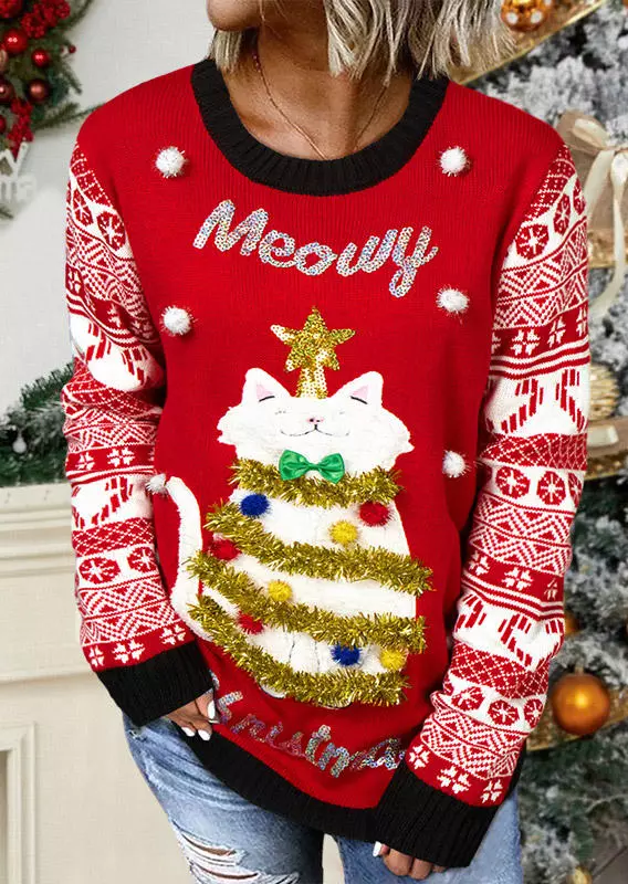 Merry Christmas Snowflake Cat Sweater - Red 3 Merry Christmas Snowflake Cat Sweater - Red