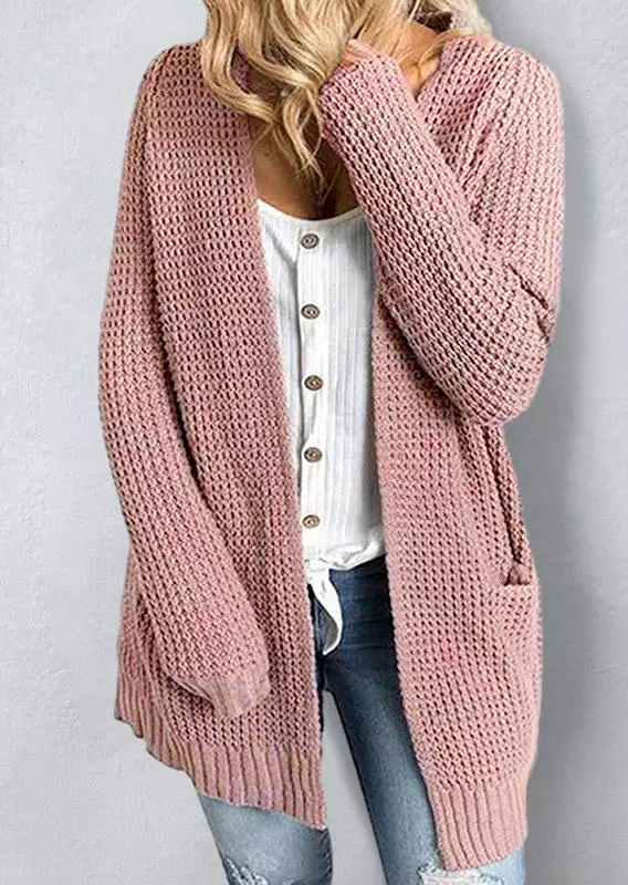 Pocket Knitted Long Sleeve Cardigan - Pink 3 Pocket Knitted Long Sleeve Cardigan - Pink