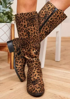 Leopard Zipper Flannel Pointed Toe Boots