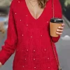 Pearls Loose V-Neck Sweater - Red -Garment Sale Store SCM021537 1 B0678309186299 124