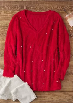 Pearls Loose V-Neck Sweater - Red -Garment Sale Store SCM021537 2 B0253173343604 124