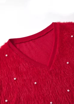Pearls Loose V-Neck Sweater - Red -Garment Sale Store SCM021537 2 B0316168019734 124