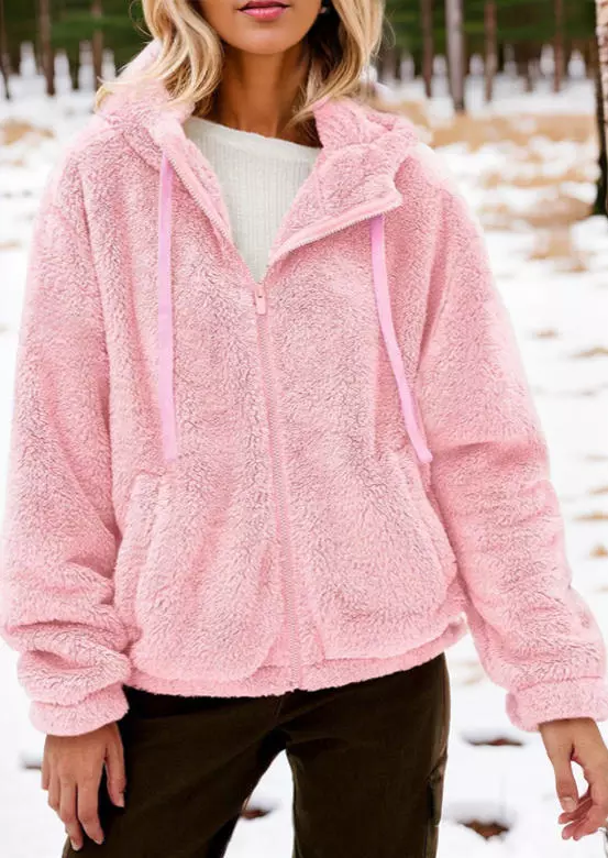 Pocket Zipper Drawstring Hooded Coat - Light Pink 3 Pocket Zipper Drawstring Hooded Coat - Light Pink